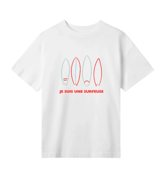Women's OVERSIZED tee | Je suis une surfeuse | surf boards | off white |